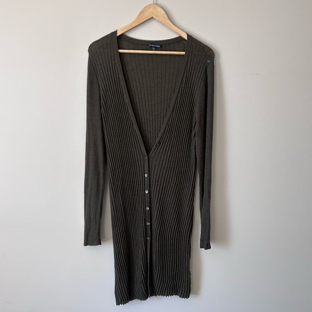 Eileen Fisher Olive Ribbed Merion Wool Knit Long Cardigan Sweater Size XL